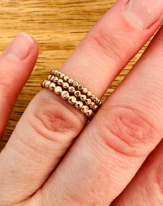 Three sizes of Sudsy Stacker Rings in 14k Gold Fill.  Available in three widths: Fine, Classic and Bold. 