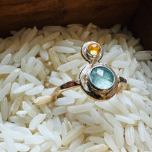 Load image into Gallery viewer, One of a King Ring Handcrafted in 14k Gold Fill and Fine Silver, with Rose Cut Kyanite and Citrine, sitting in a rice filled vintage wooden box
