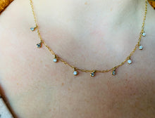 Load image into Gallery viewer, 14k Gold Fill Misty Morning Necklace with tiny dangling Cubic Zirconia Droplets, worn by the artist
