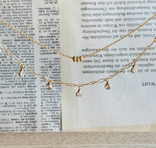 Load image into Gallery viewer, 14k Gold Fill Misty Morning Necklace with tiny dangling Cubic Zirconia Droplets, shown with 14k Gold Fill Three Fates Sparkling Bead Necklace

