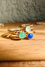 Load image into Gallery viewer, Skinny Mini Jeweled Stacker Rings shown in Aqua Chalcedony, Adventurine and Lapis stacked with Sailor Band.
