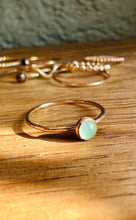 Load image into Gallery viewer, Skinny Mini Jeweled Stacker Ring shown in Aqua Chalcedony. 
