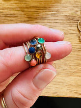 Load image into Gallery viewer, Group of Skinny Mini Jeweled Stackers 4mm Gemstone Options. Aqua Chalcedony, Pink Coral, Lapis, Iolite, Citrine, Rose Cut Pyrite, Adventurine &amp; Moonstone 14k Gold Fill Bands.
