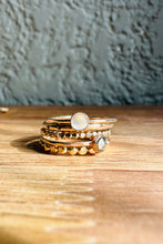 Load image into Gallery viewer, Skinny Mini Jeweled Stacker Rings shown in Moonstone and Rose Cut Pyrite, stacked with Twinkle and Bubbly Bands.
