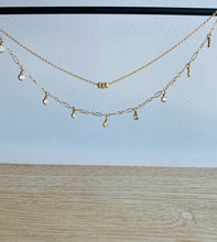 Load image into Gallery viewer, 14k Gold Fill Three Fates Necklace with Three sparkling beads on a 14k Gold Fill Chain. Shown in 18&quot; Misty Morning Necklace with dangling Cubic Zirconia Droplets.
