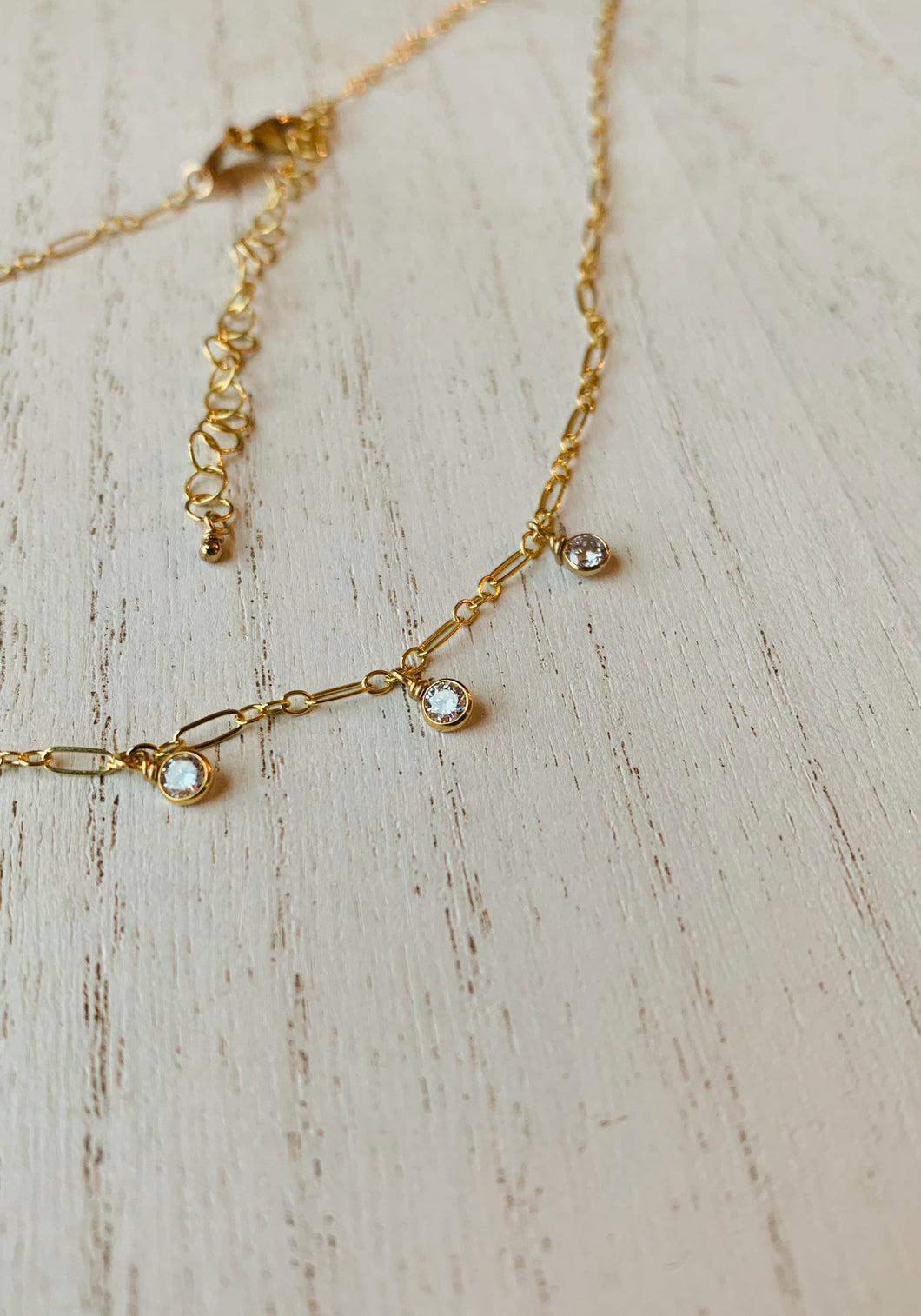 14k Gold Fill Three Sisters Necklace with Three Dangling CZ dangles. Adjustable Length extender tail.