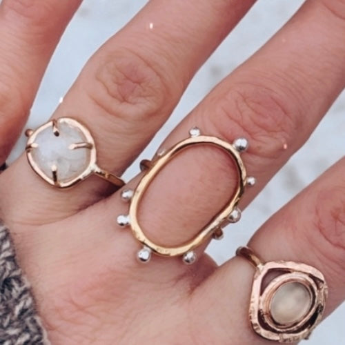 Trio of Rings, Lulu Ring in Moonstone, Two Tone Hello Sunshine Ring and Honoria  Ring  with Moonstone Cabochon